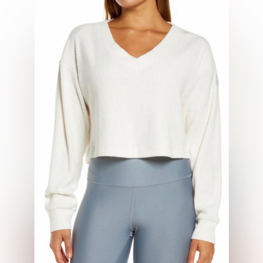 ALO Muse Ribbed V Neck Cropped Sweater White Size Small